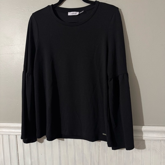 Calvin Klein | Women’s Black Bell Sleeve Round Neck Stretch Blouse Top Size L - Picture 2 of 9